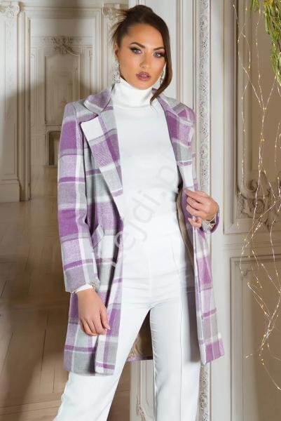 Elegancki płaszcz w kratę w kolorze lawendowym