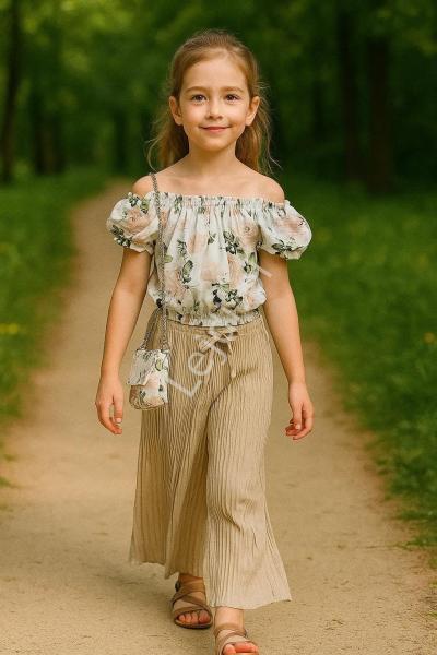 Komplet na lato dla dziewczynki beżowe plisowane spodnie i kwiatowa bluzka + torebka