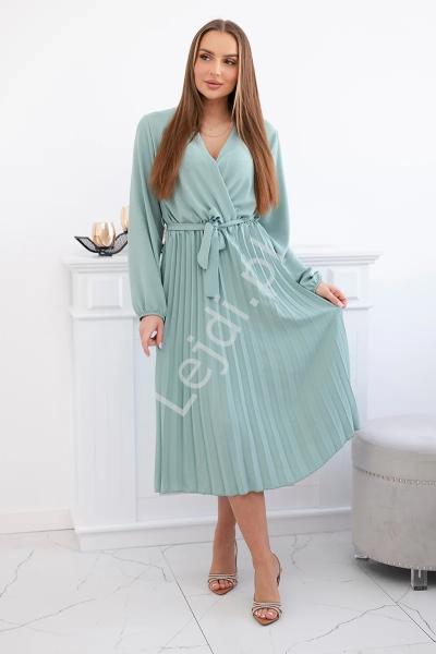 Miętowa elegancka sukienka szyfonowa z plisowaną spódnicą, modna sukienka na święta, komunię 1027M