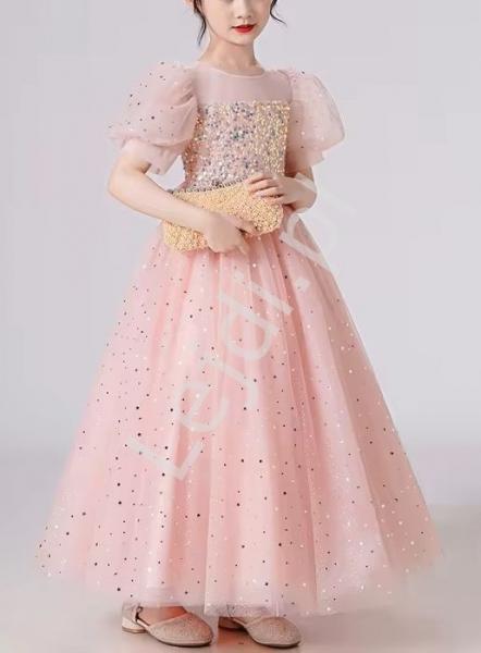 Długa jasno różowa sukienka wieczorowa dla dziewczynki z cekinami i gwiazdkami 8903