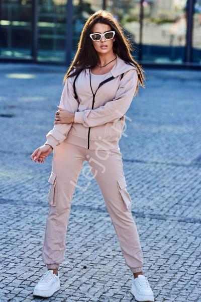 Damski komplet 3 w 1 bluza + top + spodnie beż 9588