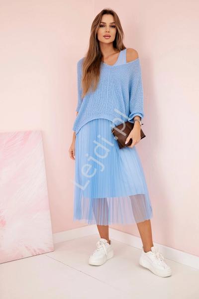 Komplet plisowana sukienka i sweter Falling Fast, błękitny 5392