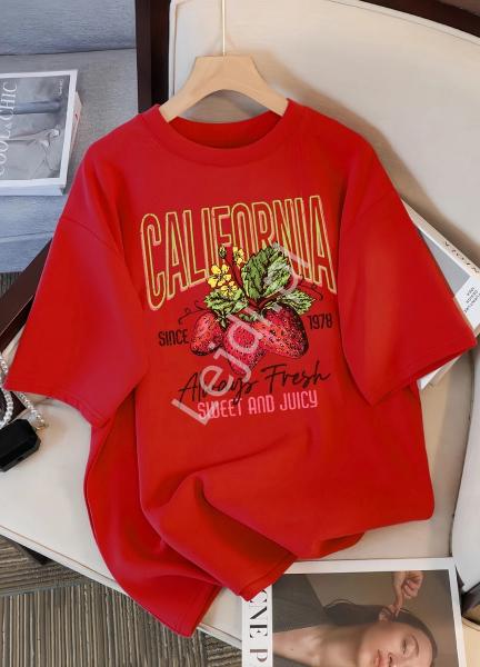 Koszulka damska nadruk truskawka, Strawberry na plecach czerwona California