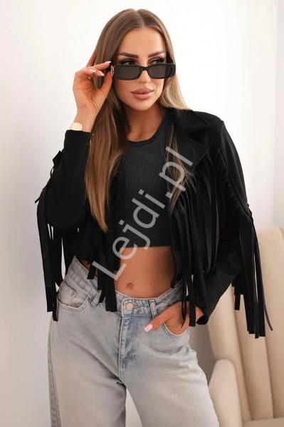 Czarna velvetowa kurtka damska z frędzelkami T4359