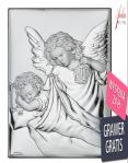 Srebrny obrazek aniołek z latarenką nad dzieckiem 7* 9 cm - z modlitwą z tyłu obrazka