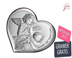 Obrazek srebrny aniołek czuwający nad dzieciątkiem 11*10 cm