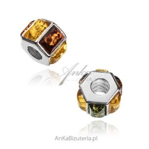 Charms srebrny z bursztynem do bransoletek modułowych oponka z kolorowym bursztynem