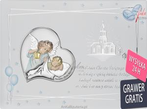 Obrazek srebrny pamiątka chrztu na ozdobnym panelu dla chłopca 19,5 cm*14,5 cm