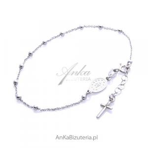 Bransoletka srebrna różaniec z krzyżykiem i medalikiem