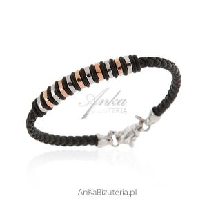 Bransoletka srebrna unisex skóra