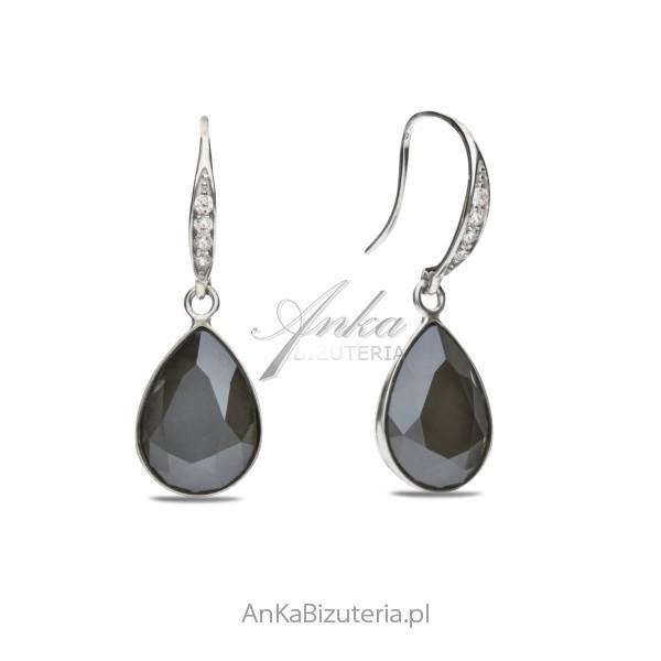 Kolczyki srebrne z kryształami swarovski classy pear w kolorze dark grey.