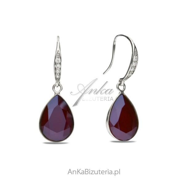 Kolczyki srebrne classy pear swarovski w kolorze dark red.