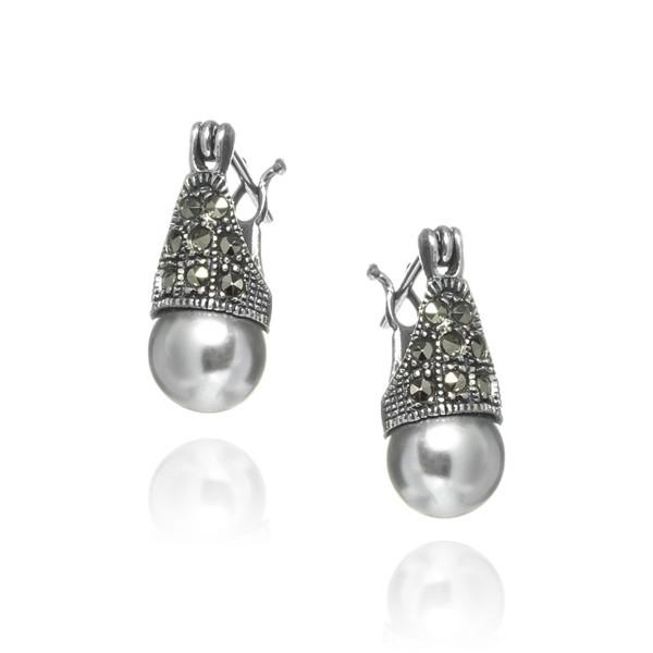 Kolczyki srebrne z markazytami i szarymi perłami