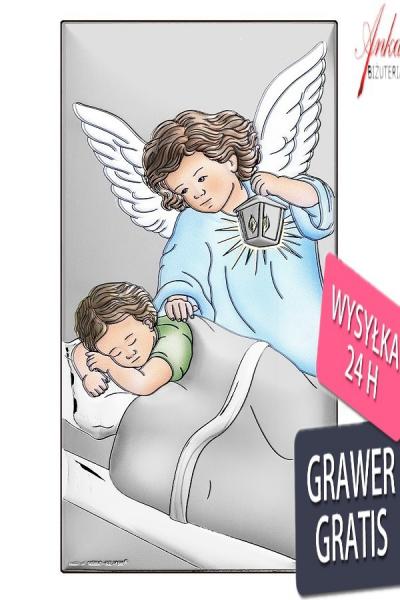 Obrazek aniołek srebrny kolorowy nad dzieciątkiem 7 cm* 14 cm