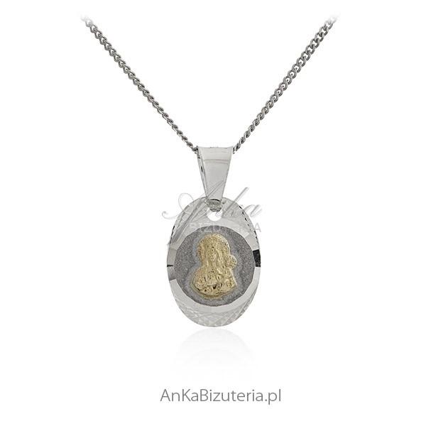 Medalik srebrny diamentowany i pozłacany matka boska częstochowska