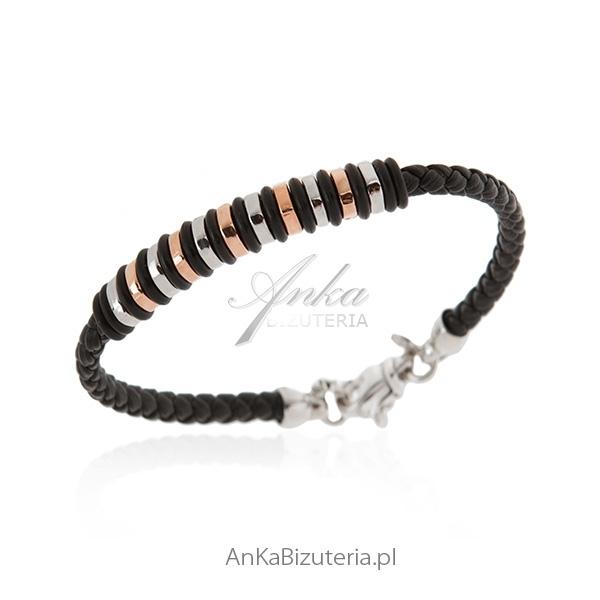 Bransoletka srebrna unisex skóra