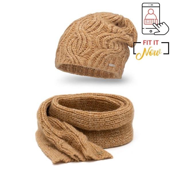 Komplet Damski PaMaMi Czapka Szalik Camel