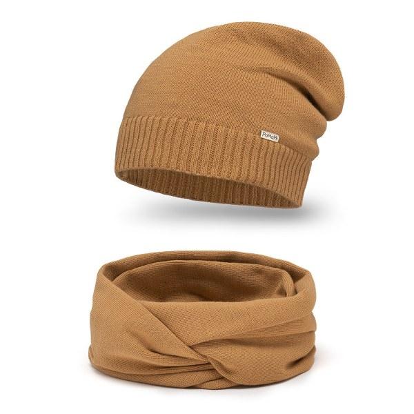 Komplet Damski PaMaMi Czapka Komin Camel