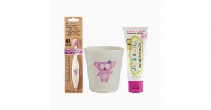 Różowy zestaw do mycia zębów: szczoteczka, pasta i kubek