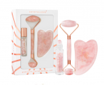 CRYSTALLOVE Beauty set: masażer do twarzy + płytka gua sha + buteleczka roll-on - kwarc różowy