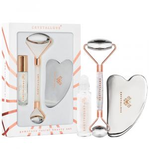 CRYSTALLOVE Beauty set: masażer do twarzy + płytka gua sha + buteleczka roll-on - stal nierdzewna