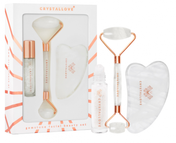 CRYSTALLOVE Beauty set: masażer do twarzy + płytka gua sha + buteleczka roll-on - kryształ górski