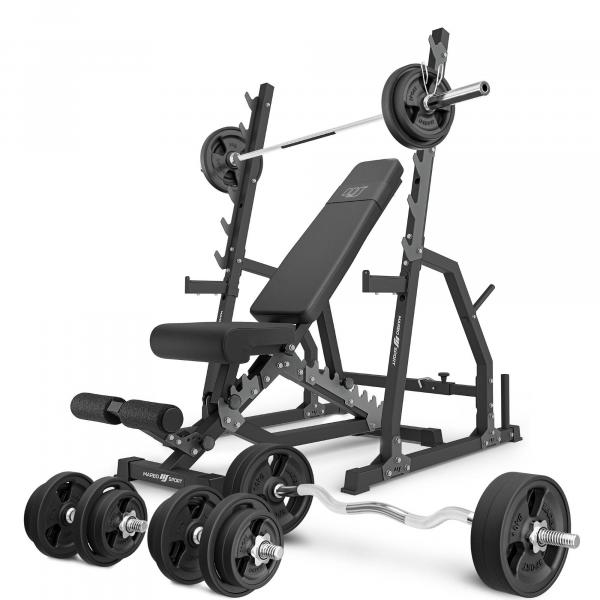 Zestaw MS3_2.0_113KG_G | Ławka dwustronna + stojaki bramowe z asekuracją + zestaw gryfów i obciążeń gumowanych 113 kg - Marbo Sport