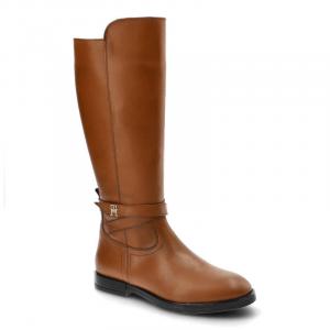 Brązowe Kozaki Damskie Tommy Hilfiger Eleganckie Skórzane Buty