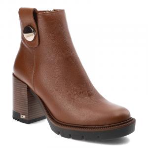 Brązowe Botki Chebello Eleganckie Skórzane Buty Na Obcasie