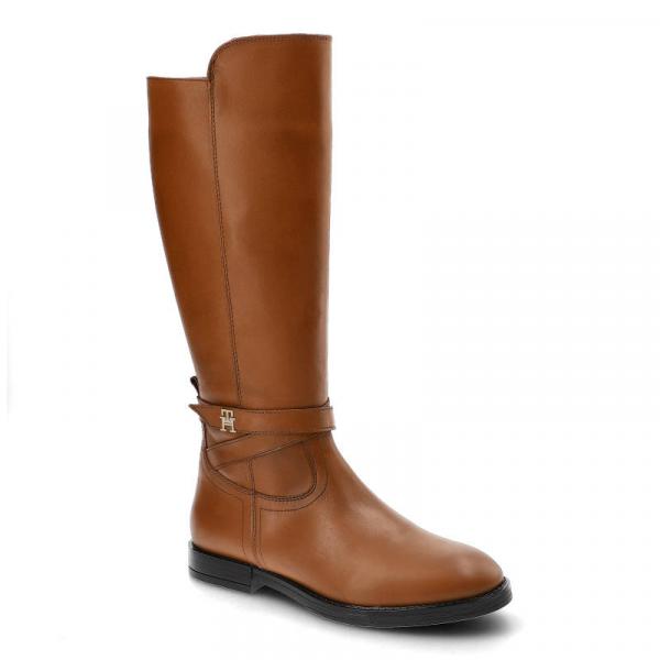 Brązowe Kozaki Damskie Tommy Hilfiger Eleganckie Skórzane Buty