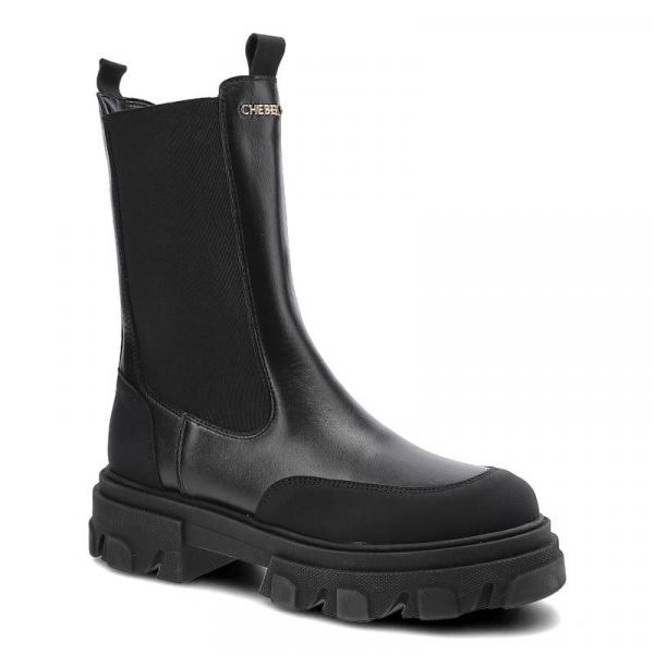 Czarne Botki Chebello Damskie Modne Skórzane Buty