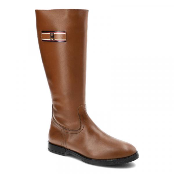 Brązowe Kozaki Damskie Tommy Hilfiger Eleganckie Skórzane Buty