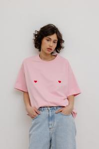 T-shirt z NADRUKIEM w kolorze PINK - EAZY - HEARTS-S/M