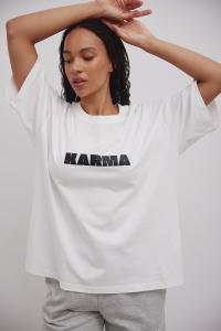 Tshirt typu oversize z NADRUKIEM w kolorze ECRU- QUOTES KARMA-UNI