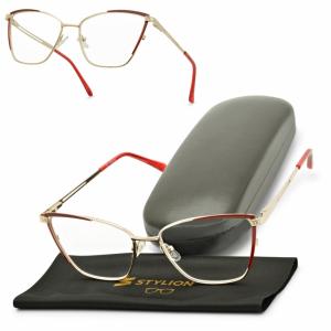 Plusy +2.50 damskie okulary do czytania korekcyjne Kocie Oczy FLEX ST326 bordowo-złote