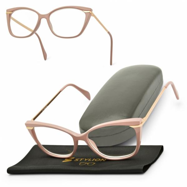 Plusy +3.00 damskie okulary do czytania korekcyjne Kocie Oczy ST327A pudrowy róż + złoto