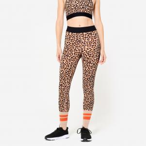 Legginsy fitness damskie Domyos z nadrukiem w panterkę, kolor cappuccino