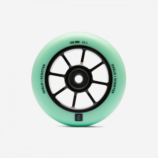 Koło freestyle 100 mm z czarną aluminiową felgą i zieloną gumą PU88A