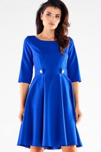Rozkloszowana Sukienka z Ozdobnymi Guzikami w Pasie - Niebieska