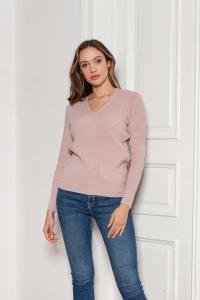 Sweter w Serek z Dzianiny w Prążek - Różowy