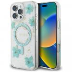 Etui Guess Resin Flowers Glitter MagSafe do iPhone 16 Pro Max, turkusowe