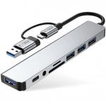 Hub, adapter Tech-Protect HB06, 8w1 4x USB-A, 1x USB-C, Minijack 3.5mm, Czytnik kart SD / TF, szary
