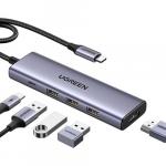 HUB 5w1 Ugreen 3x USB 3.2 Gen 1, USB-C, HDMI 4K 30Hz, z portem zasilania USB-C, szary