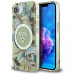 Etui Guess Glitter Flowers Triangle Buttons do MagSafe do iPhone 16e, zielone z kwiecistym wzorem