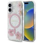 Etui Guess Resin Flowers Glitter MagSafe do iPhone 16, różowe z kwiecistym wzorem