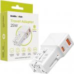 Ładowarka sieciowa, podróżna Mobile Origin Travel Adapter, 25W, USB-C, USB-A z adapterem do EU/USA/UK/AU, biała