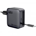 Ładowarka sieciowa Forcell F-Energy GaN3 45W, 1x USB-C, PD, QC 4.0 + zwijany kabel USB-C, grafitowo-czarna
