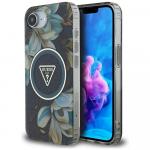 Etui Guess Glitter Flowers Triangle Buttons do MagSafe do iPhone 16e, czarne z kwiecistym wzorem