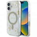 Etui Guess Resin Flowers Glitter MagSafe do iPhone 16, beżowe wzorzyste