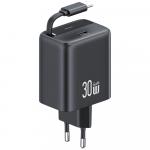 Ładowarka sieciowa USAMS CC241 YC Series 30W PD/QC/GaN, 1x USB-C + zwijany kabel USB-C, czarna